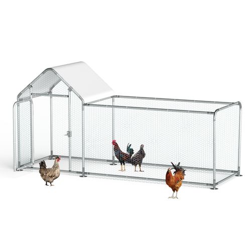 GOJOOASIS Metal Chicken Run, Chicken Coop with Lockable Door Spire Shape Walk-in Chicken Hen House with Waterproof & Anti-UV Cover