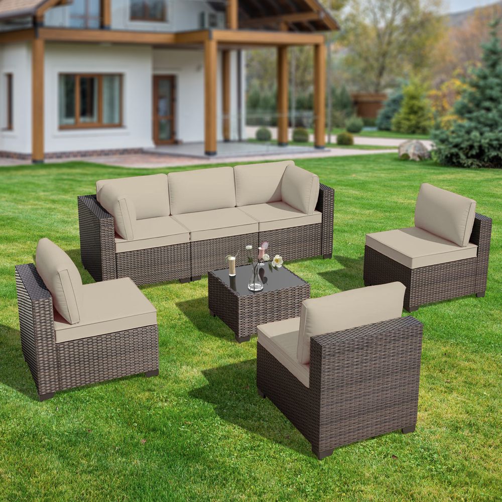 GOJOOASIS Beige 7PCS Set Wicker Outdoor Sectional Sofa