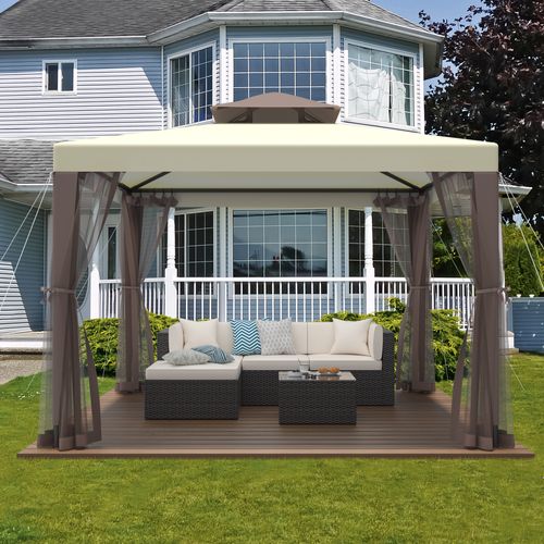 10'x10' Patio Gazebo Tent Outdoor Canopy Shelter w/ Mosquito Netting & 2-Tiered Vented Top for Garden, Backyard Deck And Lawns, Beige