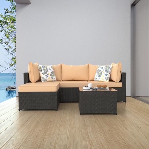 Phonjoroo 5pcs Patio Furniture Sets All Weather Outdoor Sectional Sofa Manual Weaving Wicker Rattan Outdoor Conversation Set with With Cushion