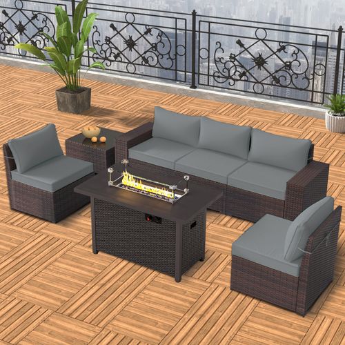 GOJOOASIS Grey 6PCS Set Wicker Outdoor Sectional Sofa With Fire Pit Dining Table
