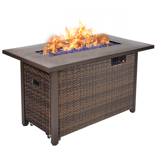 42-Inch Fire Pit Table, Rectangular Propane Fire Pit Table with Blue Stones, 50000 BTU Output