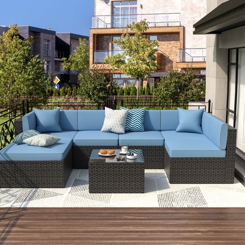 Gojooasis 7 PCS Patio Furniture Set PE Wicker Outdoor Sectional Sofa Set w/Cushions Rattan Sofa Set