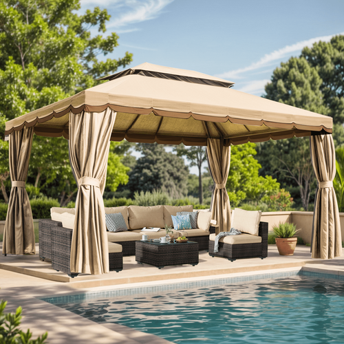 Gaptain 1012 FT Deluxe No Screws Gaebo,Double Roof Outdoor Shelter Tent with Mosquito Nettings and Privacy Screens, Beige