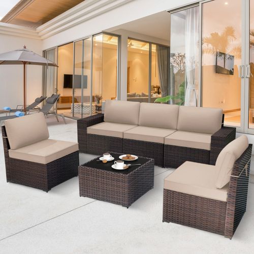 GOJOOASIS Beige 6PCS Set Wicker Outdoor Sectional Sofa