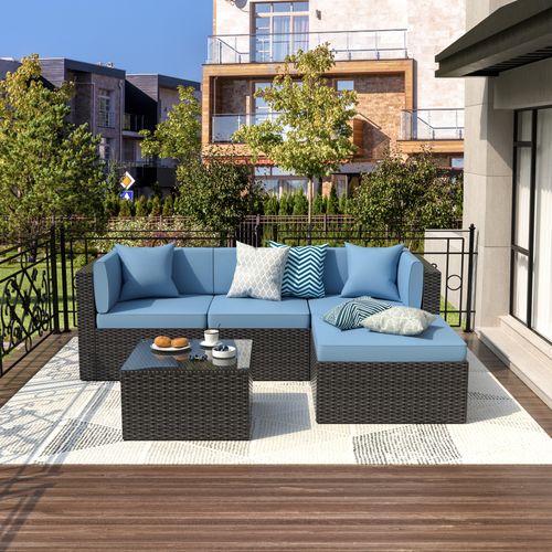 Gojooasis 5 PCS Patio Furniture Set PE Wicker Sectional Sofa w/Cushions  Outdoor Blue Set