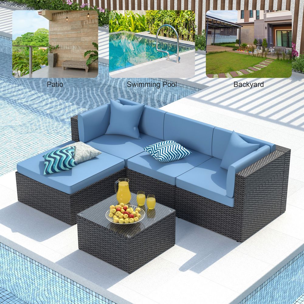 Gojooasis 5 PCS Patio Furniture Set PE Wicker Sectional Sofa w/Cushions  Outdoor Blue Set
