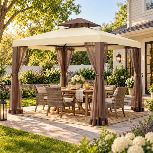 10 x 10 ft Outdoor Gazebo Tent with Mosquito Netting, Double Roof Canopy Backyard Patio Shelter, Khaki