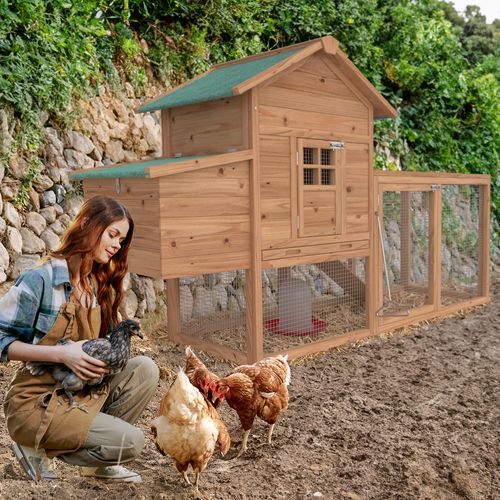 GOJOOASIS Wooden Chicken Coop, 80in Large Chicken Run with Pull Out Tray & Ramp, Egg Box & Lockable