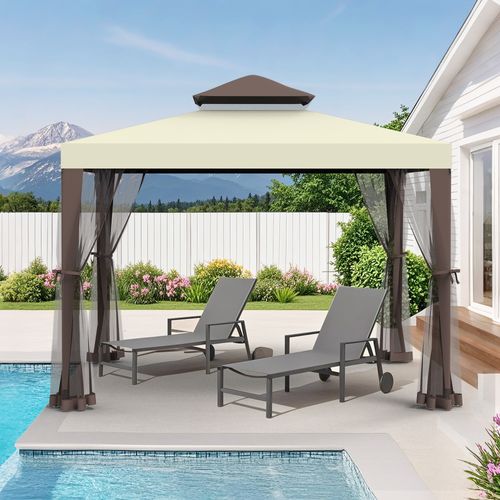 10'x10' Patio Gazebo, Outdoor Canopy Tent with Mosquito Netting & Waterproof Double-Tier Top, Party Shelter for Garden, Backyard, Wedding, BBQ