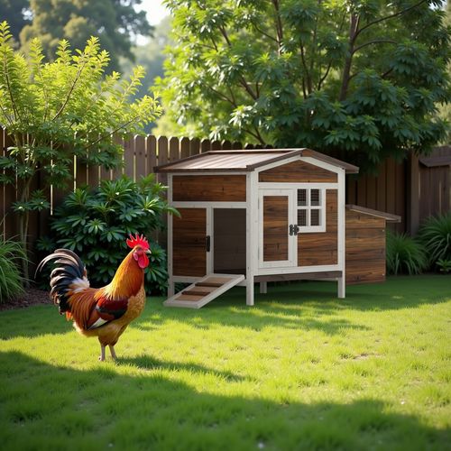 Phonjoroo Outdoor Wooden Chicken Coop Hen House Poultry Cage with Tray, Ramp & Nesting Box for Indoor and Outdoor Use, Brown