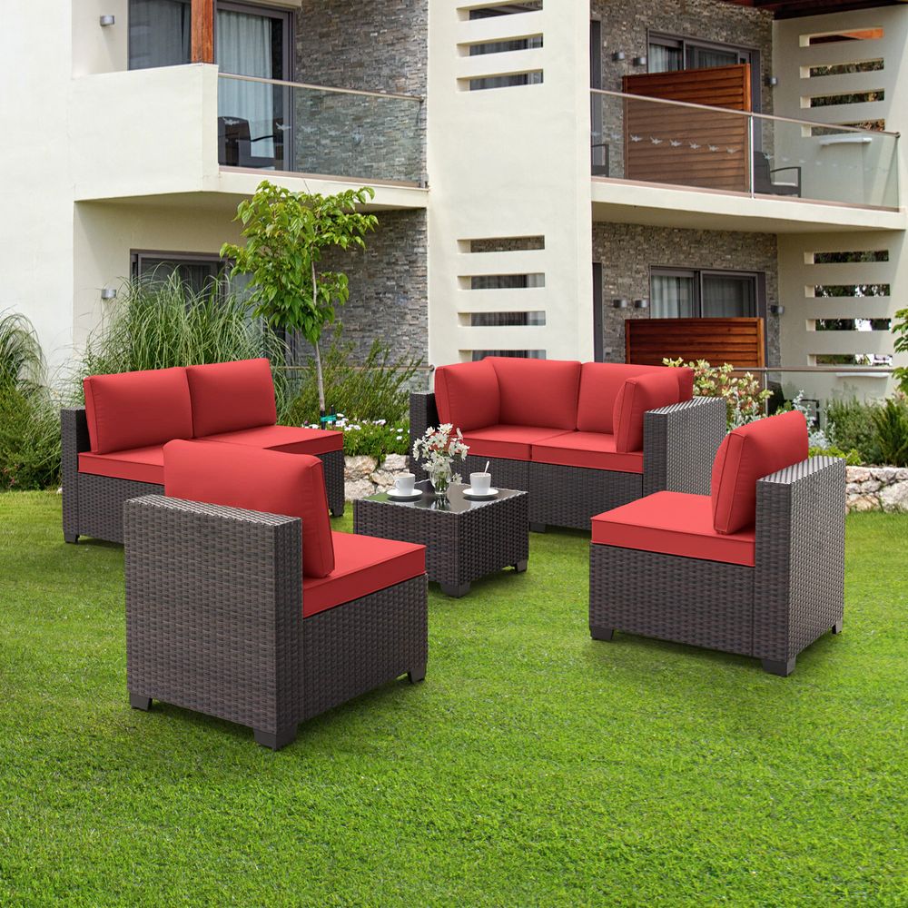 GOJOOASIS Wine Red 7PCS Set Wicker Outdoor Sectional Sofa