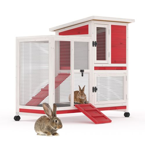 GOJOOASIS Rabbit Hutch Indoor, Water Resistant Wood Chicken Coop Outdoor with 3 Removable Tray & Running Cage & Ramp & Wheels, Red & White