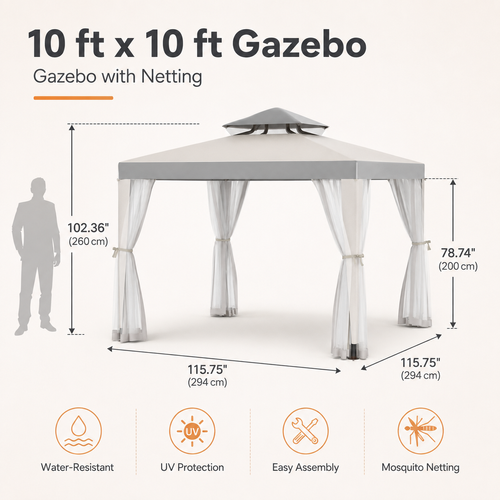 10 x 10 ft Outdoor Gazebo Tent with Mosquito Netting, Double Roof Canopy Backyard Patio Shelter, Gray