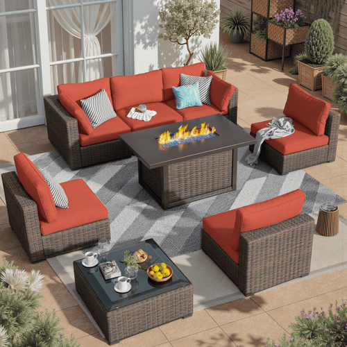 Gaildon 8 Piece Patio Furniture Set with Fire Pit Table, All Weather Outdoor Sectional PE Rattan, Patio Conversation Sets with Cushions and Glass Coff
