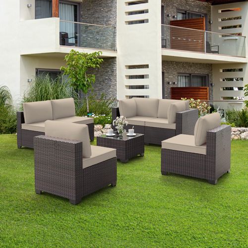 GOJOOASIS Beige 7PCS Set Wicker Outdoor Sectional Sofa