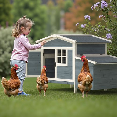 Phonjoroo Outdoor Wooden Chicken Coop Hen House Poultry Cage with Tray, Ramp & Nesting Box for Indoor and Outdoor Use, Gray