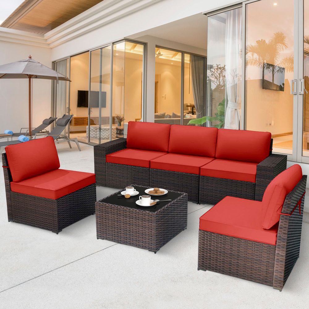 GOJOOASIS Wine Red 6PCS Set Wicker Outdoor Sectional Sofa