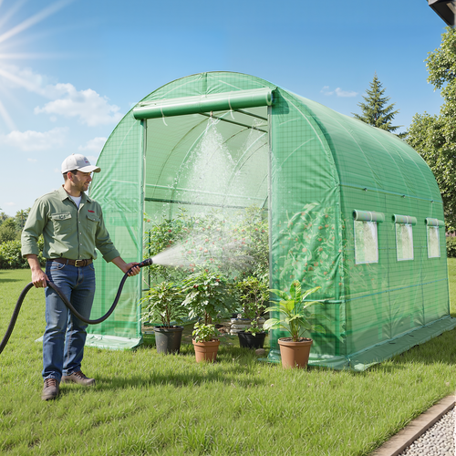 Greenhouse with Watering System, Large Walk-in Greenhouse Reinforced Metal Frame, 6 Screen Windows and 1 Door