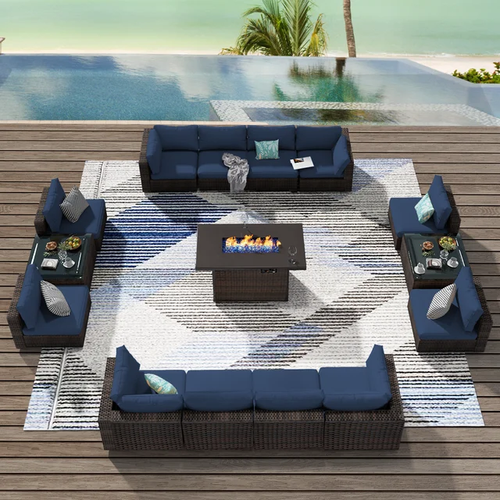 Copy of Grezone 15 Pieces Sectional Outdoor Furniture Sofa & Black-Glass Coffee Table, Grey