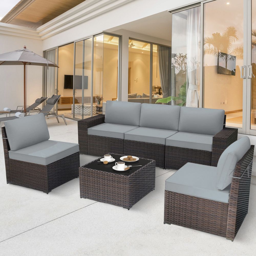 GOJOOASIS Grey 6PCS Set Wicker Outdoor Sectional Sofa