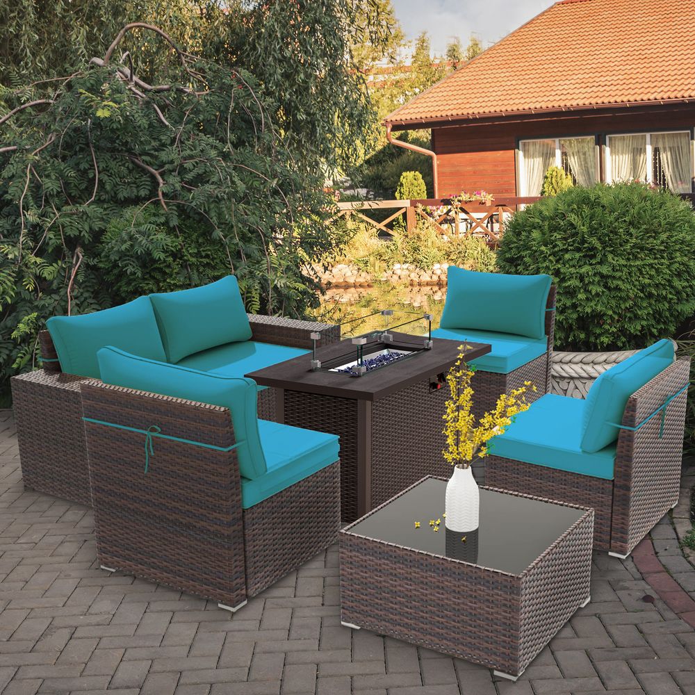 GOJOOASIS Blue 6PCS Outdoor Sectional Sofa With Fire Pit Dining Table