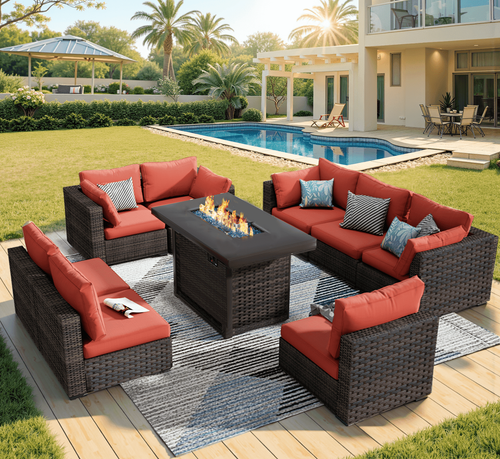 Gaildon 9 Piece Patio Furniture Set with Fire Pit Table, All Weather Outdoor Sectional PE Rattan, Patio Conversation Sets with Cushions and Glass Coff