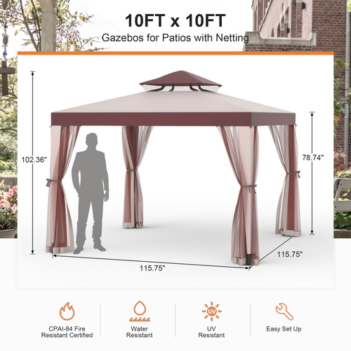 10'x10' Patio Gazebo Tent Outdoor Canopy Shelter w/ Mosquito Netting & 2-Tiered Vented Top for Garden, Backyard Deck And Lawns, Red