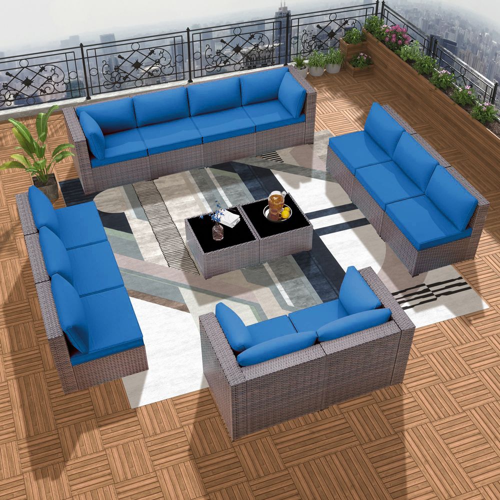 GOJOOASIS Blue 14PCS Set Wicker Outdoor Sectional Sofa