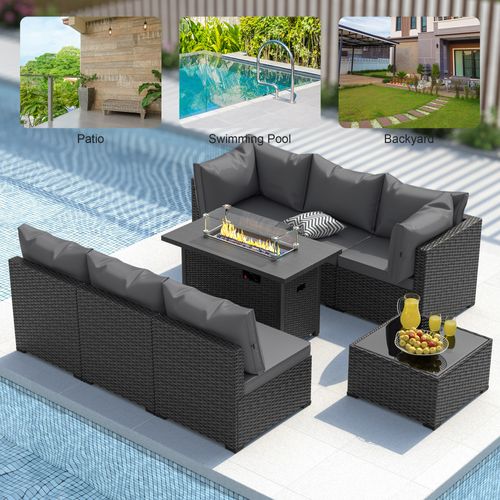 Outdoor Patio Furniture Set with Fire Pit Table, 8 Pieces Wicker Patio Sectional Furniture, Patio Conversation Couch Seating & 42" Fire Pit,Grey