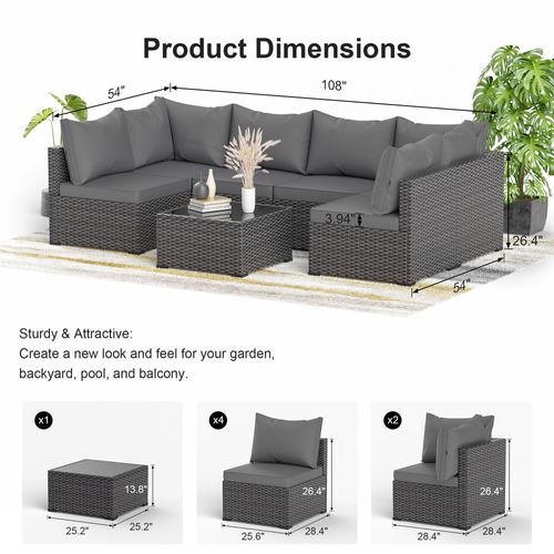 7PCS Rattan Patio Furniture Set PE Wicker Sectional Sofa w/Cushion Outdoor Grey