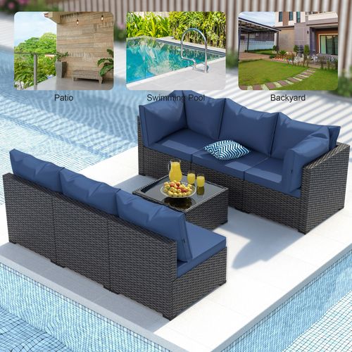 7PCS Rattan Patio Furniture Set PE Wicker Sectional Sofa w/Cushion Outdoor Blue
