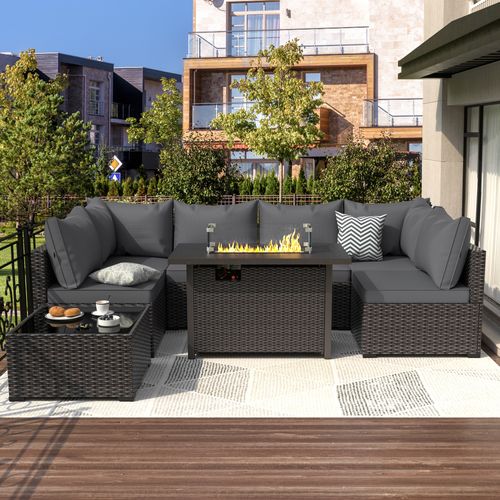 Outdoor Patio Furniture Set with Fire Pit Table, 8 Pieces Wicker Patio Sectional Furniture, Patio Conversation Couch Seating & 42" Fire Pit,Grey