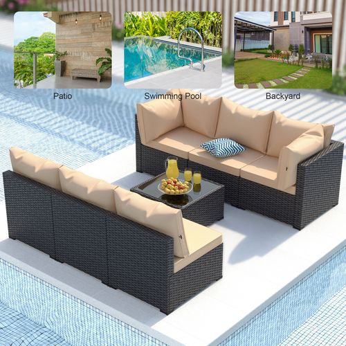 7PCS Rattan Patio Furniture Set PE Wicker Sectional Sofa w/Cushion Outdoor Khaki