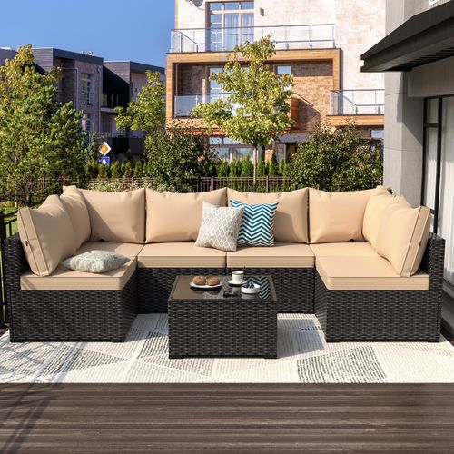 7PCS Rattan Patio Furniture Set PE Wicker Sectional Sofa w/Cushion Outdoor Khaki