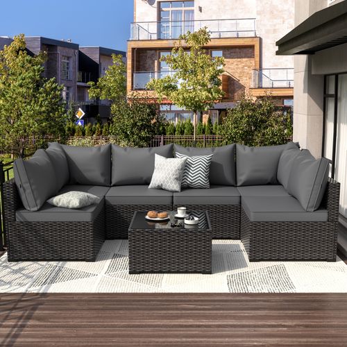 Gojooasis 7PCS Rattan Patio Furniture Set PE Wicker Sectional Sofa w/Cushion Outdoor Grey