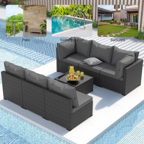 7PCS Rattan Patio Furniture Set PE Wicker Sectional Sofa w/Cushion Outdoor Grey