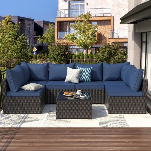 7PCS Rattan Patio Furniture Set PE Wicker Sectional Sofa w/Cushion Outdoor Blue