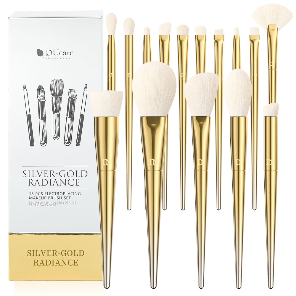 Silver-Gold Radiance---Juego de brochas de maquillaje galvanizadas de 15 piezas con soporte