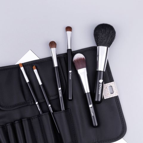 6-Piece Classic Black Face & Eye Brushes with Travel Pouch