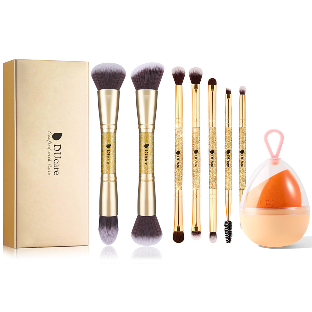 Afterglow Luxurious Gold Dual End 7-Piece Face & Eye Brush Set & Free Sponge Gift