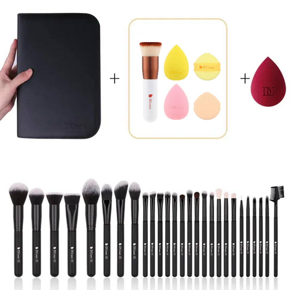 Best Buys Combine-Black Essentials 27PCS Face & Eye Brush set + Bag + 5PCS Sponge set + Sponge (Gift & Random Color)