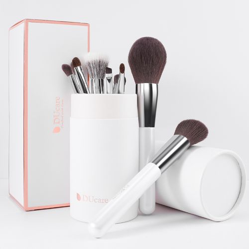 White 9Pcs Face & Eye Brush Set with Holder