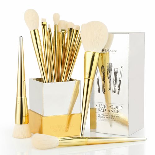 Conjunto de escova para rosto e olhos de 15 peças Silver-Gold Radiance Luxury Pro com suporte