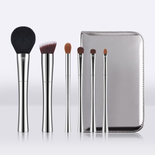 Silver Cream 6Pcs Face & Eye Travel Brush Set