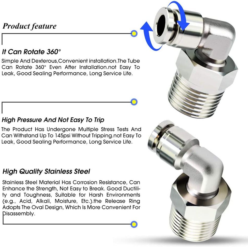 Push In Stainless Steel SS316L Metal Sleeve Rotatable Male Elbow Pneumatic Air Tube Fittings - Foto 5