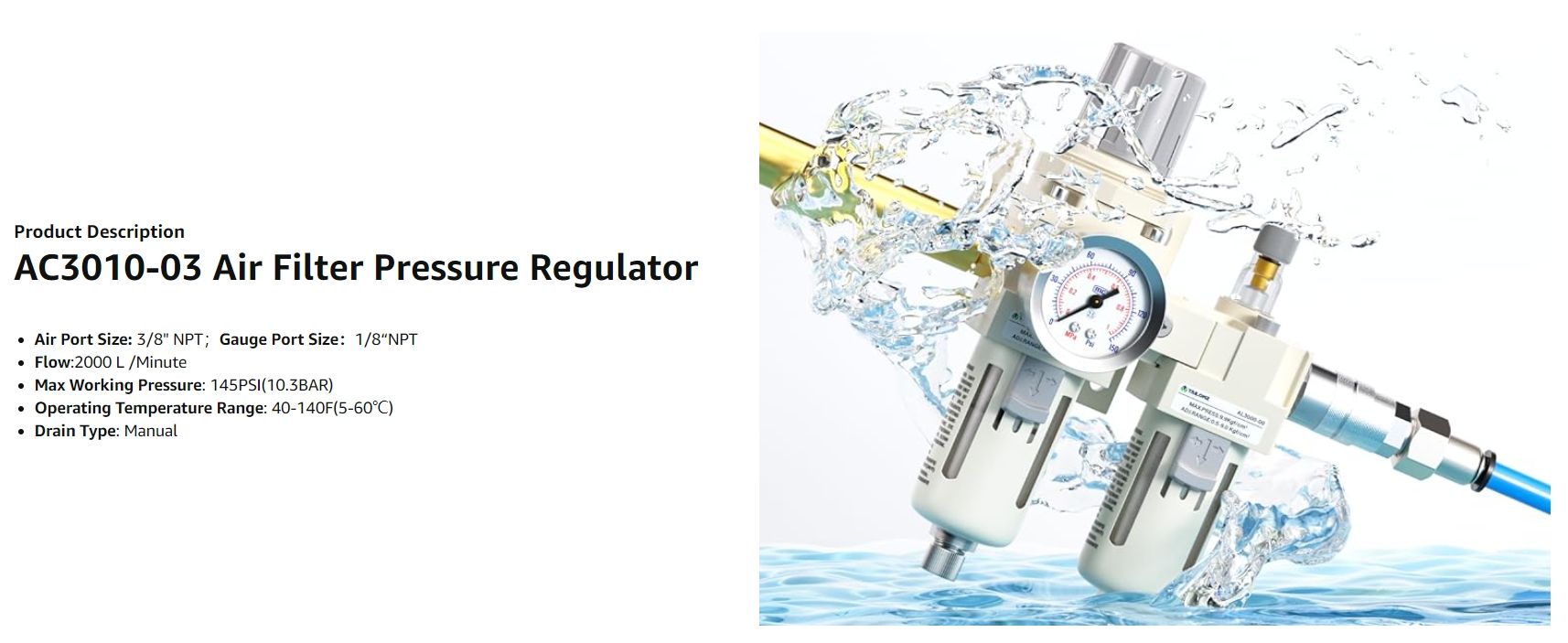 クリーンO3 TAILONZ PNEUMATIC 3/8 Inch NPT Air Filter Pressure Regulator