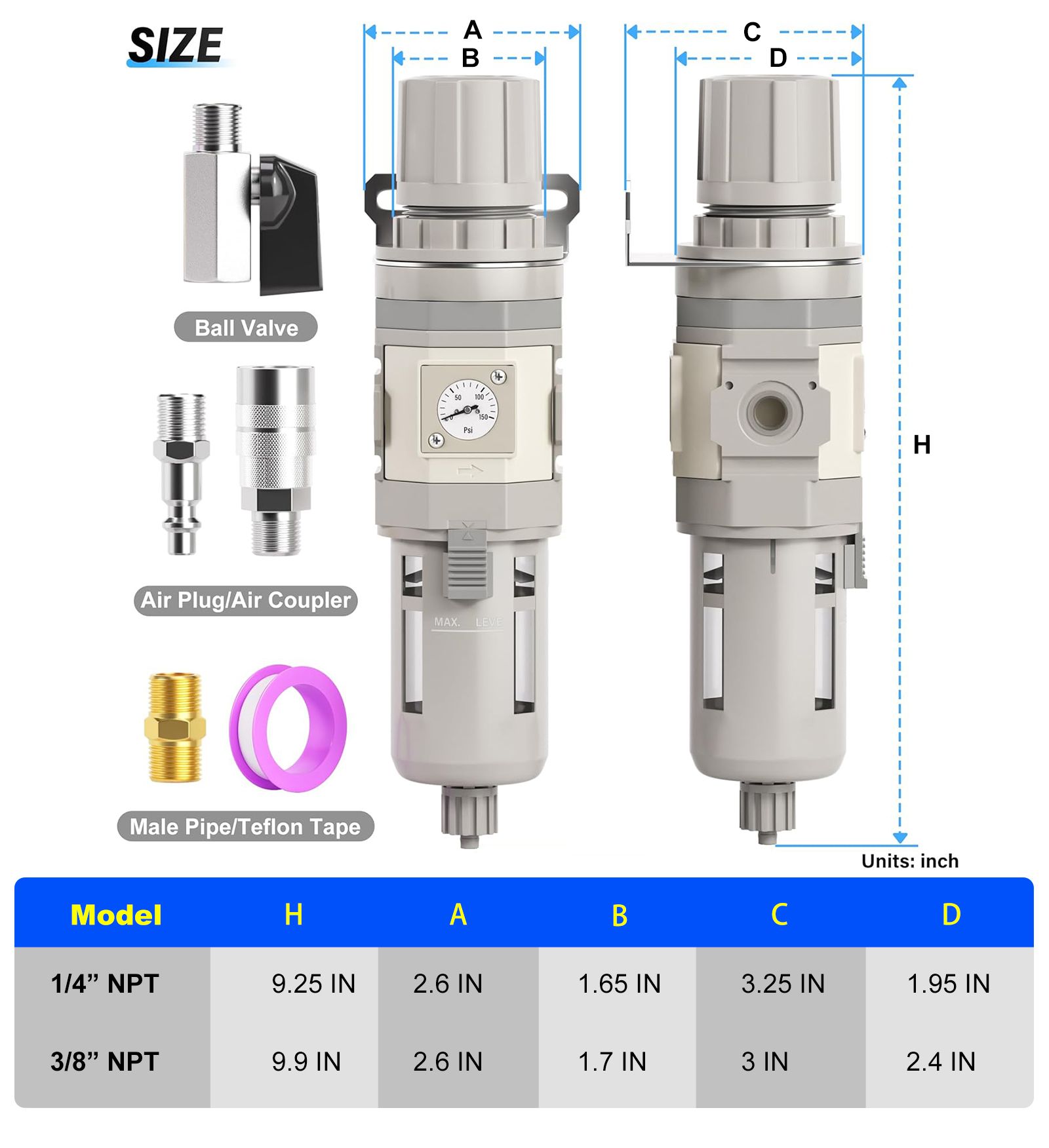 1/2 Inch NPT Air Filter Regulator Combo - 0-150PSI With Semi-Auto Drain For Compressors