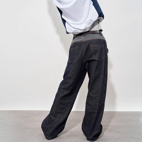 FMACM Plaid Patchwork A-Line Raw-Edge Denim Trousers