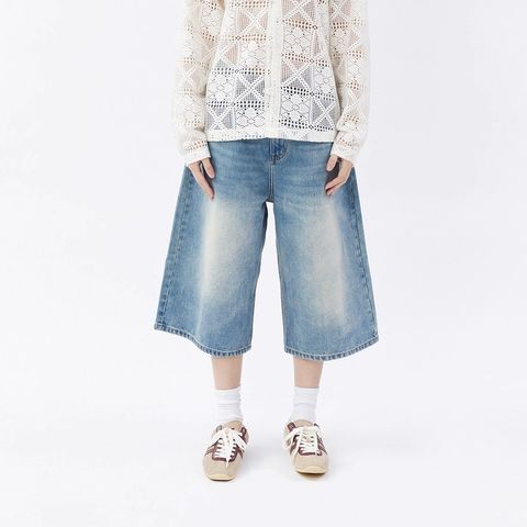 FMACM Washed Vintage Relaxed Fit Cropped Basic Denim Shorts